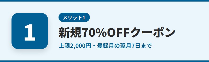 メリット1：新規会員は70%OFFクーポンがもらえる