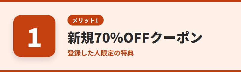 メリット1：新規登録で70%OFFクーポンがもらえる